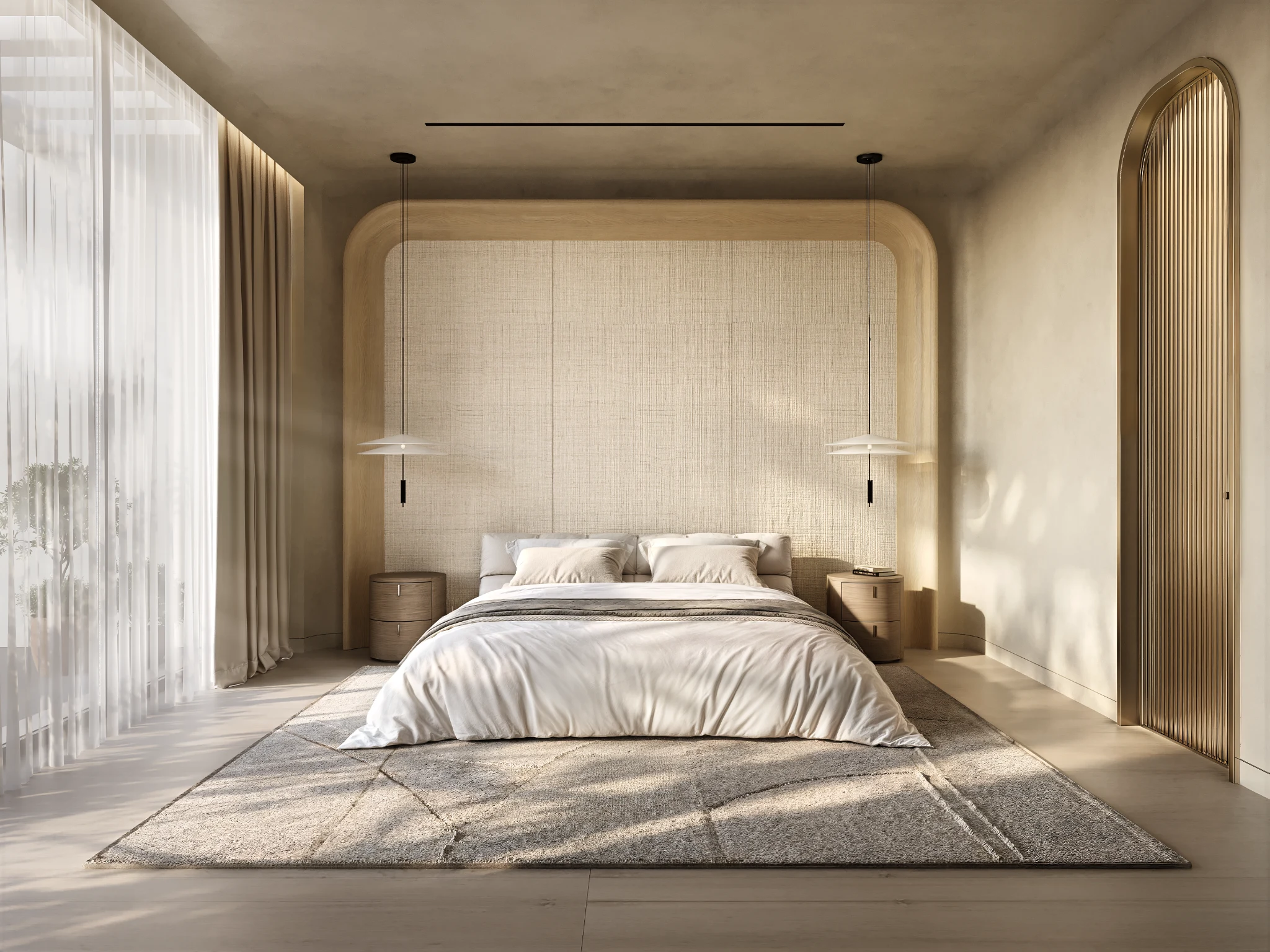 Bedroom in sandy tones with a textured headboard and arched door