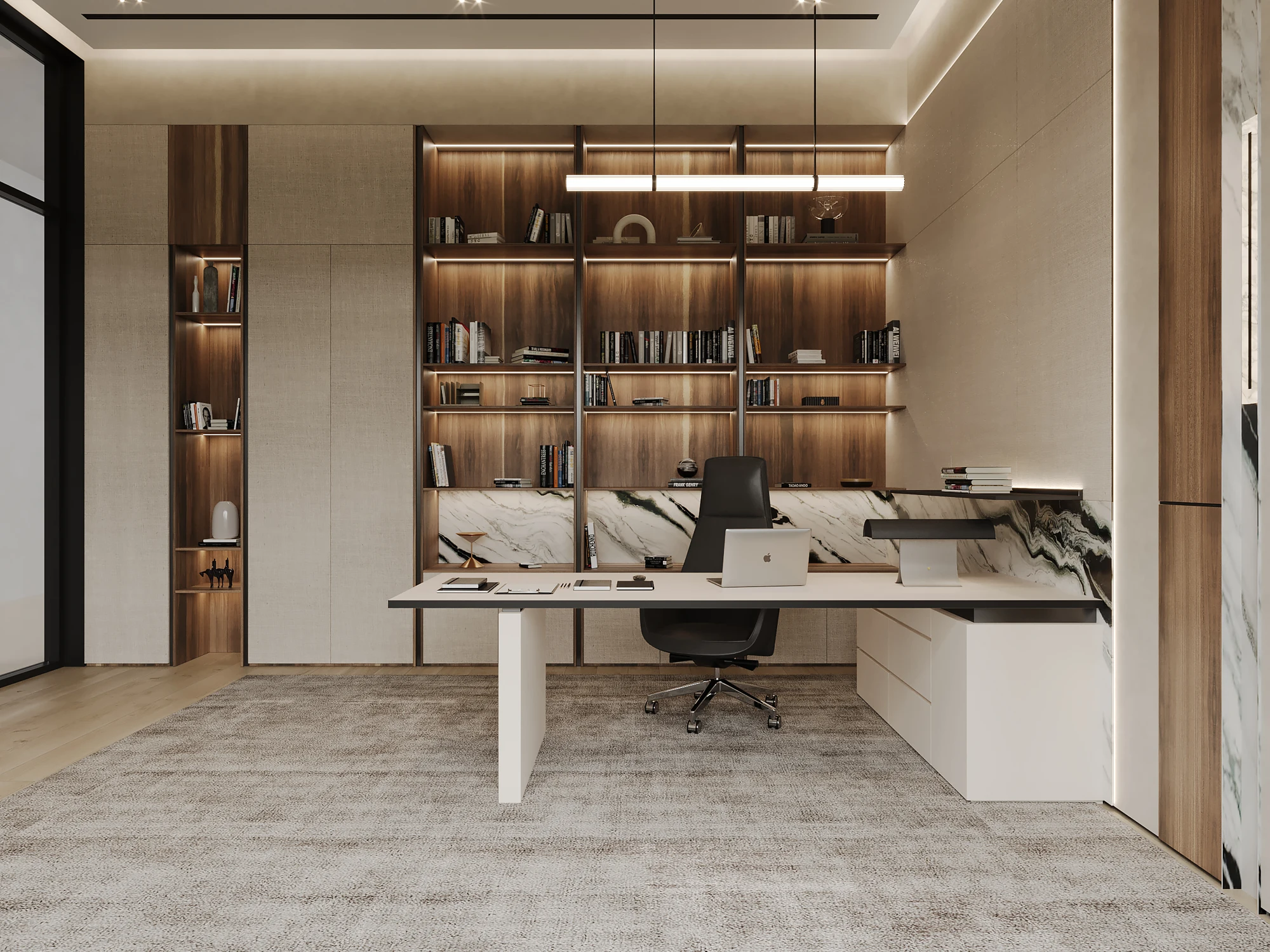 Front view of a desk, black office chair and backlit timber shelving