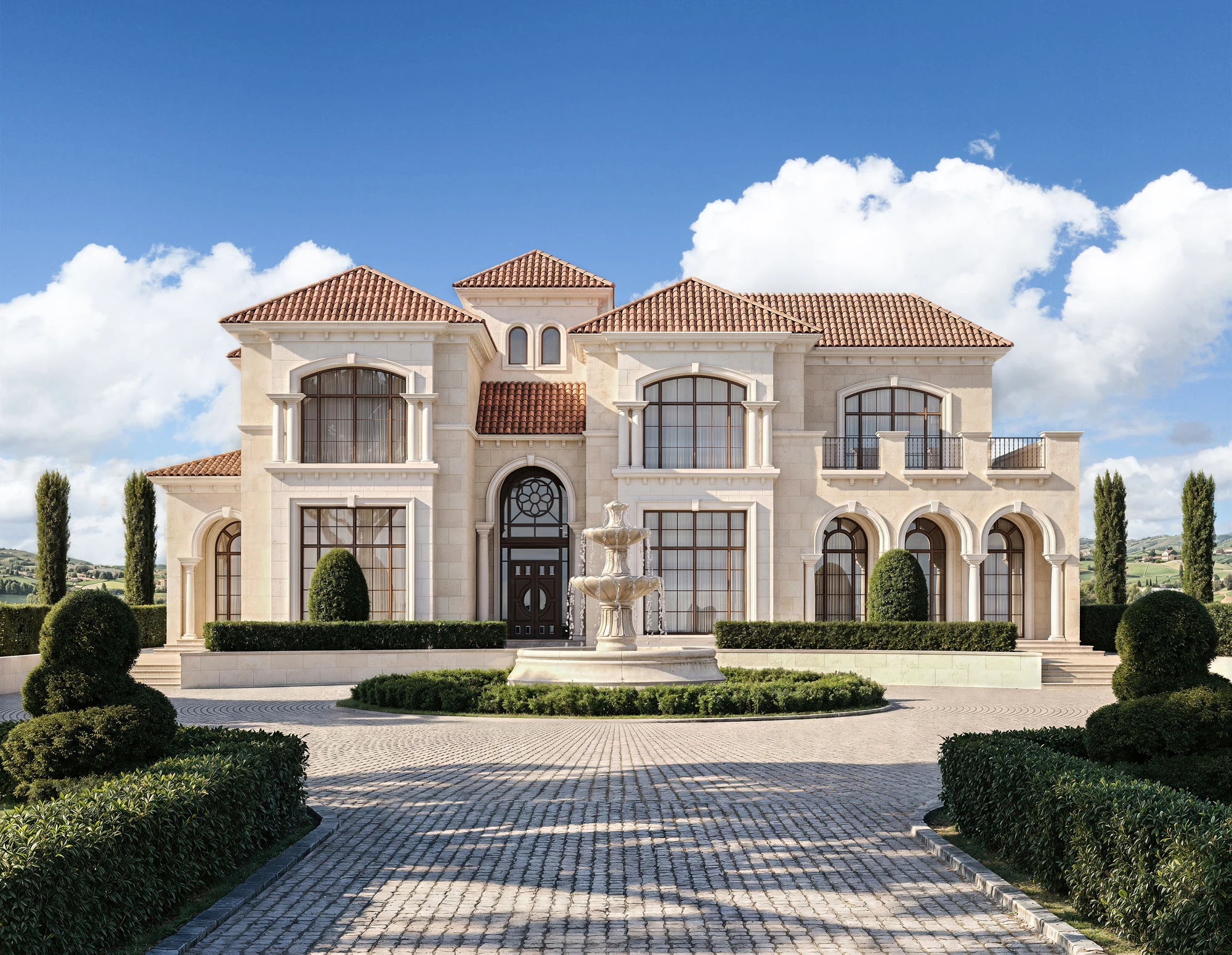 Pale stone villa with arched windows, terracotta roof tiles and a fountain at the entrance