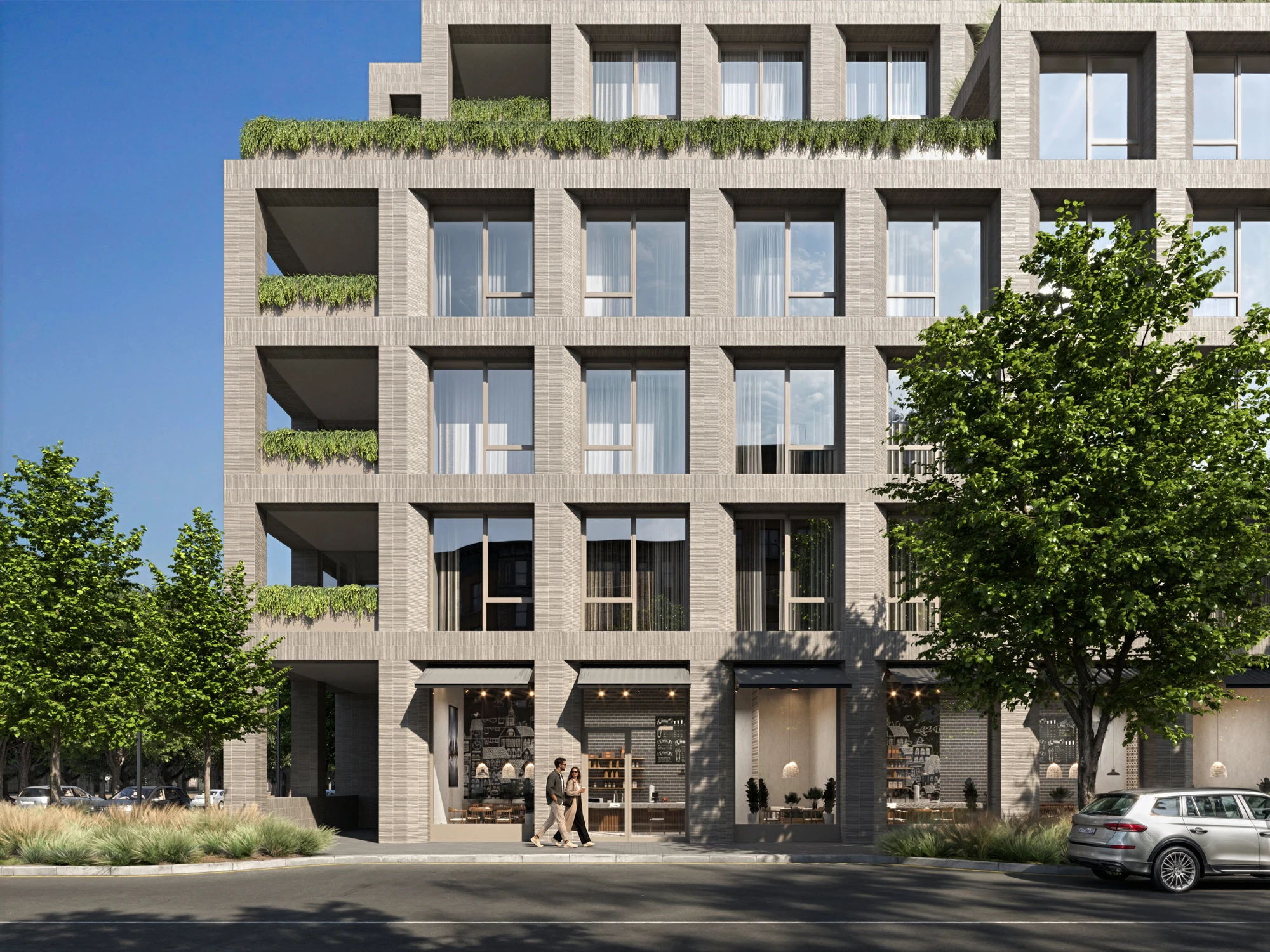 Street view of a mid-rise residential building with deep balconies, planted terraces and ground-floor shops