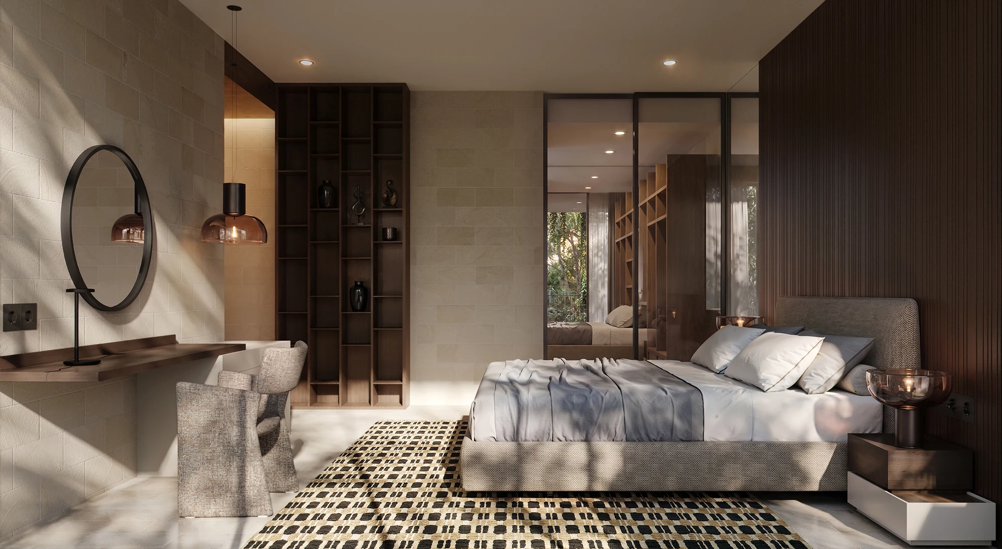Warm bedroom with natural stone walls, dark timber panels and a garden view