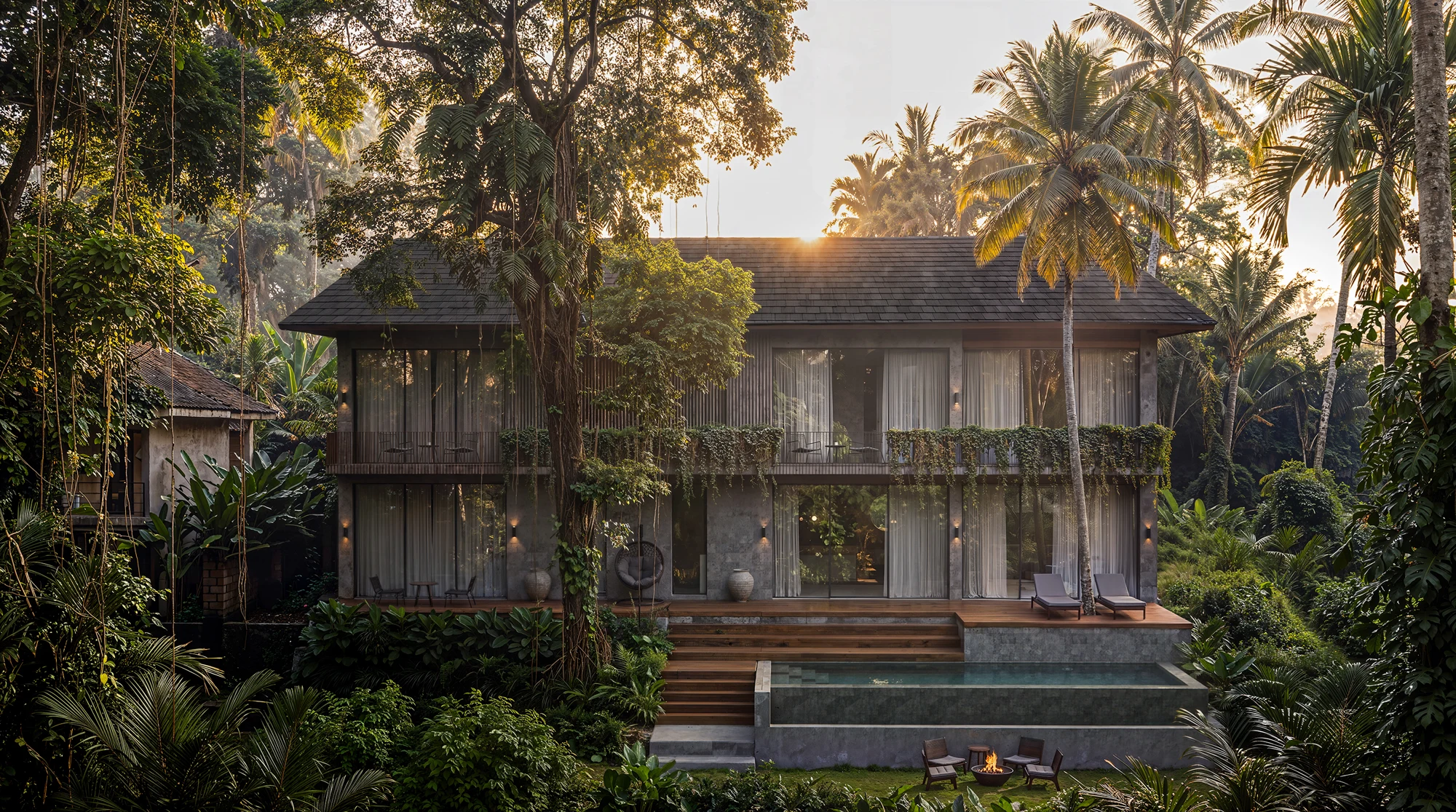 Tropical villa surrounded by dense greenery, with a pool and warm sunlight filtering through palms